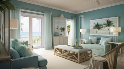 Fototapeta na wymiar Cozy interior with seaside view