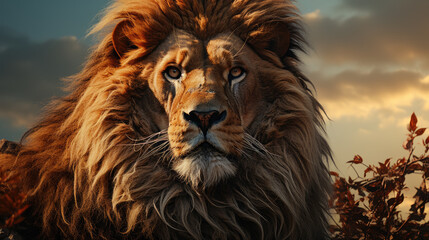Fototapeta premium Generative ai illustration of Majestic african Lion on top of a cliff