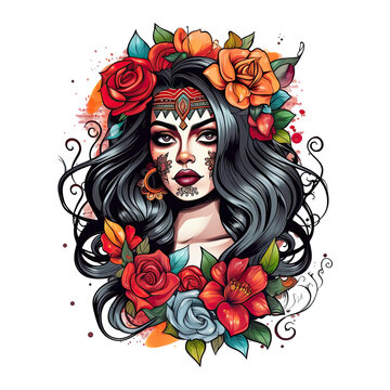 Tattoo style portrait of chicano girl, Mexican woman with flowers art, isolated. Generative AI