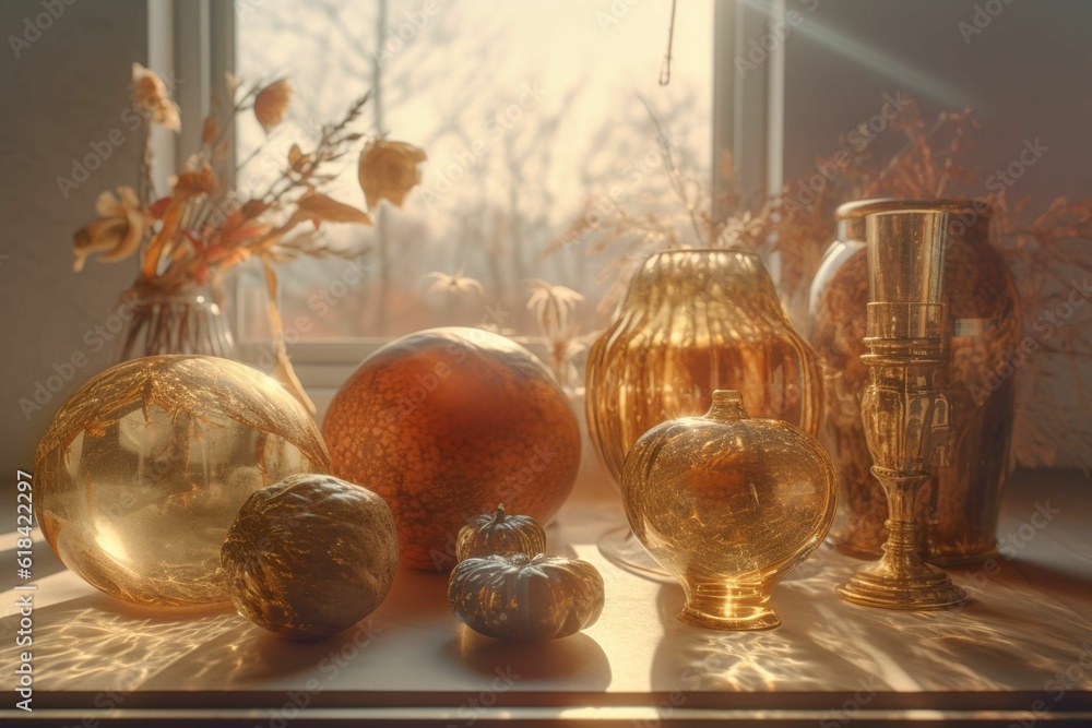 Poster ai generated illustration of an array of colorful vases and apples are displayed on a table