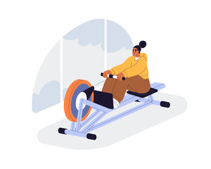 Training on rowing machine. Woman doing rower exercise for back, core muscles strength. Girl working out in gym. Muscular and cardio workout. Flat vector illustration isolated on white background © Good Studio