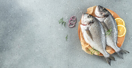 Raw dorado fish on cutting board on a light background, Long banner format. top view