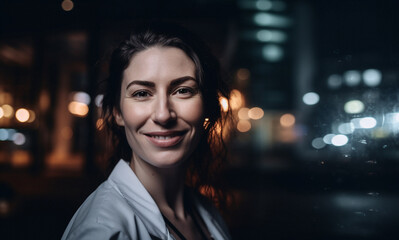 Obraz premium Woman, doctor and face at night by hospital window with trust, confidence and smile while working late in medical clinic. Gp portrait, happy and ai generated healthcare worker on mockup bokeh space