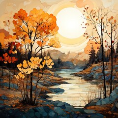 Naklejka na ściany i meble autumn landscape with lake