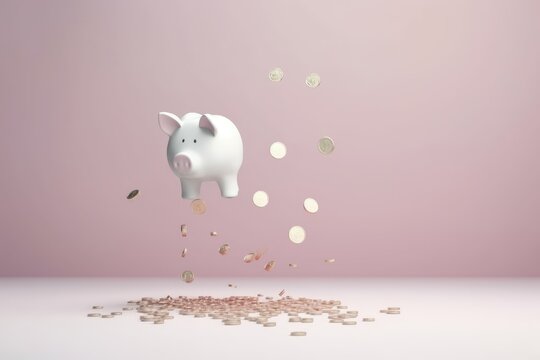 Coins and white piggy saving falling, Financial and money concept. generative ai