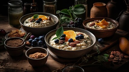 Close up grifts food with fruit toppings in ceramic bowl with blurred background