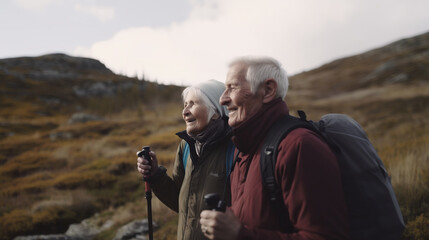 Happy senior couple trekking with walking sticks and backpacks in hills in autumn enjoying nature, AI generated