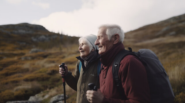 Happy senior couple trekking with walking sticks and backpacks in hills in autumn enjoying nature, AI generated