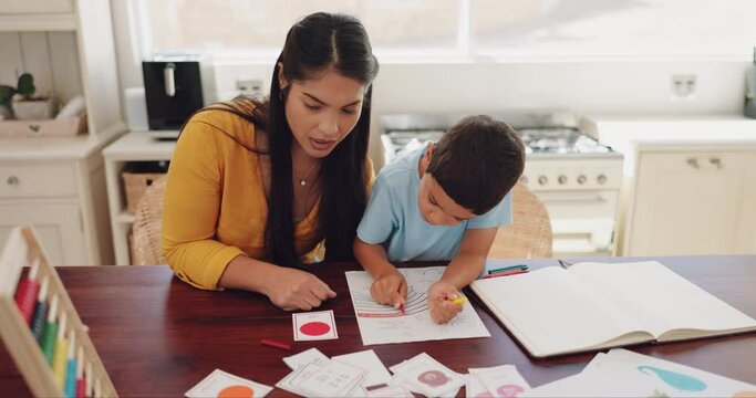 Mother, support or child drawing in books or paper for learning development together in family house. Help, homework or single parent mom teaching creative boy or happy kid writing skills or bonding
