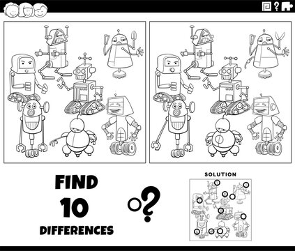 differences task with cartoon robots coloring page