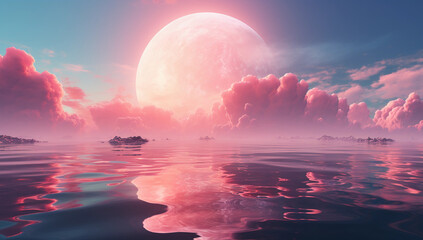 Pink moon floating in the sky and clouds over the calm sea waters, light white and pink colors, calm waters, dreamlike concept.