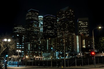 Fototapeta na wymiar Illuminated night scene of the downtown Los Angeles skyline with high rise buildings