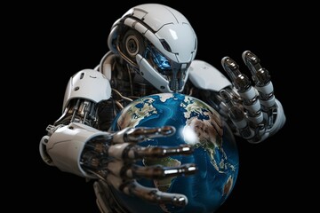 Obraz na płótnie Canvas Ai Taking over the world: Robot Holding Globe Ai Generated