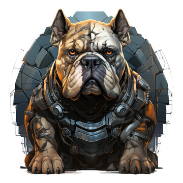 A futuristic English Bulldog T-shirt design, featuring a bulldog with a sleek, metallic armor, standing in front of a modern, minimalistic architectural structure, Generative Ai
