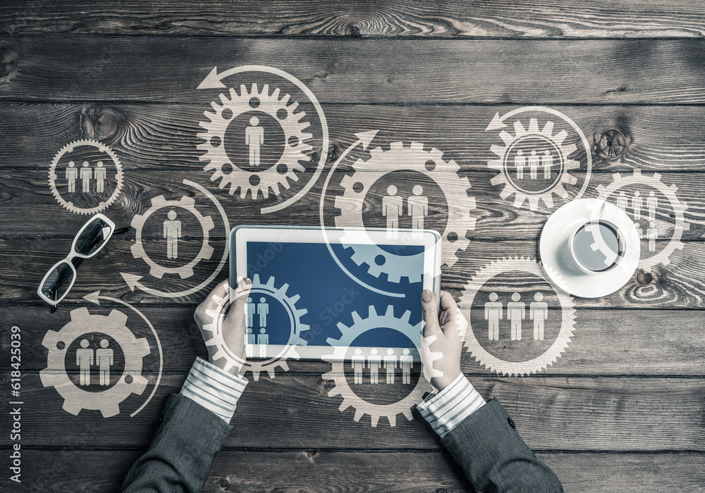 Poster concept of teamworking and connection with gears mechanism and tablet pc