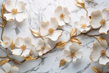 white flowers on a marble background, dogwood blossoms, decorated with gold.