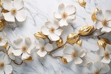 white flowers on a marble background, dogwood blossoms, decorated with gold.