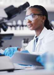 Computer, black woman or scientist reading research for online analysis, sustainability or...
