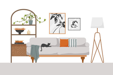 Living room interior with  sofa, lamp, pictures and flowers. Flat style vector illustration