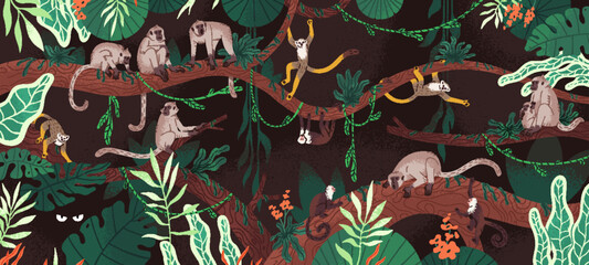 Monkeys in green jungle. Exotic ape animals among branches tree leaves, lianas in tropical forest. Primates, macaque and lemur, in wild nature dense rainforest landscape. Flat vector illustration