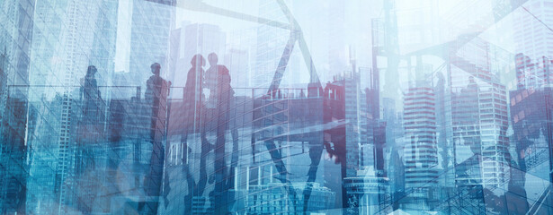 business banner double exposure background with business people silhouettes walking near office modern city buildings
