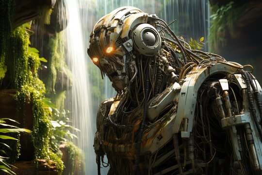 Robot waterfall cascading down in an alien world