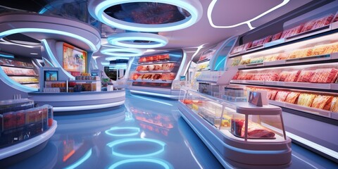 A colorful futuristic supermarket with sleek designs, vibrant lighting, and high-tech features, offering a cutting-edge shopping experience. Generative AI