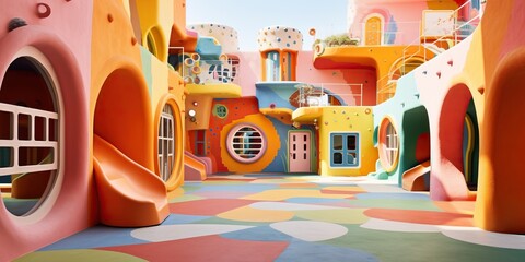 In a colorful kindergarten, the classrooms are empty and quiet, with nobody around. The vibrant colors and playful decorations await the joyful laughter of children. Generative AI