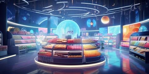 A colorful futuristic supermarket with sleek designs, vibrant lighting, and high-tech features, offering a cutting-edge shopping experience. Generative AI