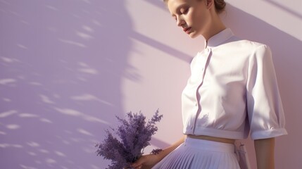 Art of Elegance, Sophisticated Couture Displayed in a Liminal Lavender Space under Dramatic Light, generative ai.