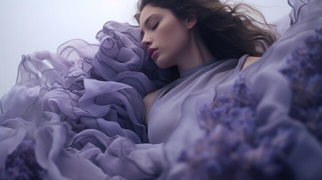 Art of Elegance, Sophisticated Couture Displayed in a Liminal Lavender Space under Dramatic Light, generative ai.