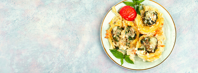 Nest of noodle with meatballs, copy space.