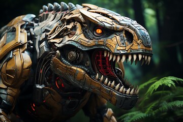 Fototapeta na wymiar Robotic T-Rex walking through a dense jungle waterfall
