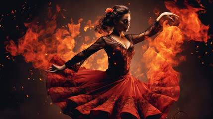 Flamenco Dance Fiery Passion. A stunning Spanish woman gracefully dances flamenco, with burning flames in the background. Expression of passion and artistry concept. AI Generative