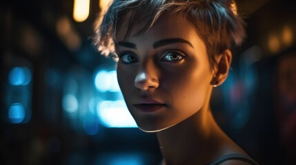 AI generated illustration of a female with short hair standing in an illuminated area