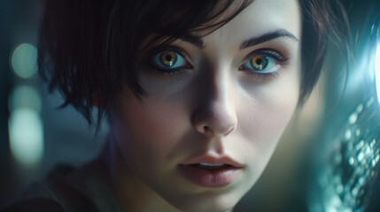 Fototapeta premium AI generated illustration of a female with short hair standing in an illuminated area