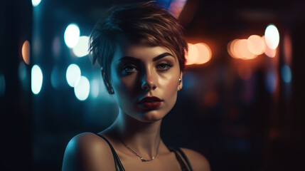 Fototapeta premium AI generated illustration of a female with short hair standing in an illuminated area