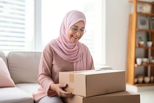 Muslim woman with parcel boxes at home