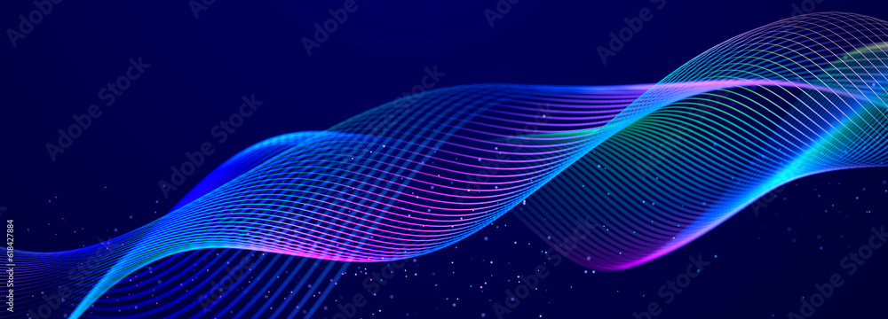 Poster Technology background. Data stream. Movement of luminous lines on dark background. 3d