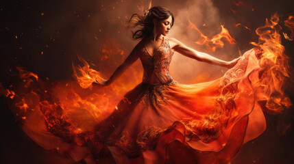 Flamenco Dance Fiery Passion. A stunning Spanish woman gracefully dances flamenco, with burning flames in the background. Expression of passion and artistry concept. AI Generative