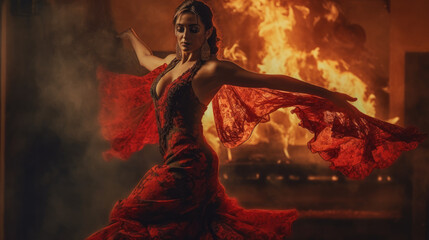 Flamenco Dance Fiery Passion. A stunning Spanish woman gracefully dances flamenco, with burning flames in the background. Expression of passion and artistry concept. AI Generative - obrazy, fototapety, plakaty