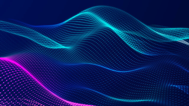 Lights background. Colored music wave. Big data digital code. Futuristic dots Illustration. 3D