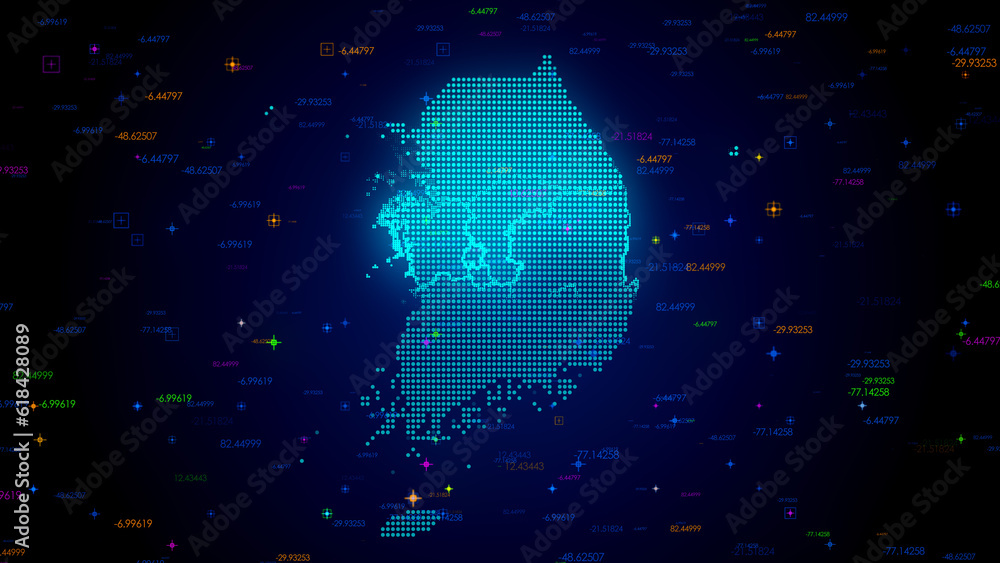 Poster futuristic blue colorful shiny digital technology hud dots mosaic grid south korea map light scannin