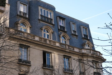 Paris building fa&ccedil;ades, characteristic roofs, and more.

It gathers many types of buildings, coming from various districts of the city; all passing through various settings of the day.