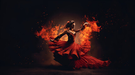 Flamenco Dance Fiery Passion. A stunning Spanish woman gracefully dances flamenco, with burning flames in the background. Expression of passion and artistry concept. AI Generative - obrazy, fototapety, plakaty