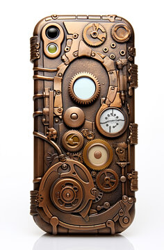 Mobile phone cell cellular phones in steampunk style symbolic isolated on white background. Concept generative AI image. Symbol of retro design