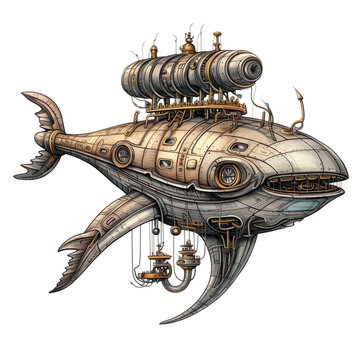Whale shaped submarine vehicle in steampunk style symbolic isolated on white background. Concept generative AI image. Symbol of movement and freedom