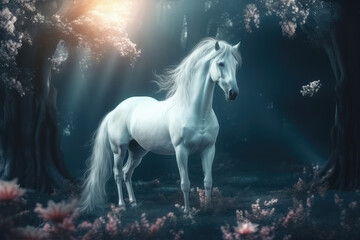 Plakat A majestic legendary glowing Unicorn in a magical forest. Realistic unicorn, dream flowers, generative AI