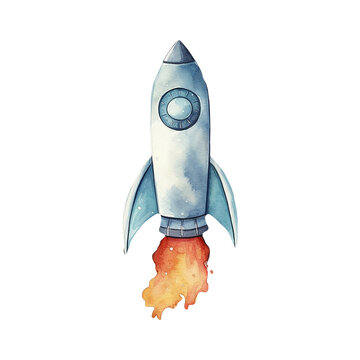  Little Space Rocket  - Galaxy Space Travel- Cute Hand Painted Style - Childish Watercolor Drawing - Fairy Tale Fantasy - Generative AI
