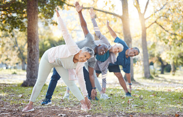 Yoga, park and old people stretching, fitness and exercise with happiness, wellness and stress relief. Senior women, nature and elderly men outdoor, relax and workout goal with progress and health